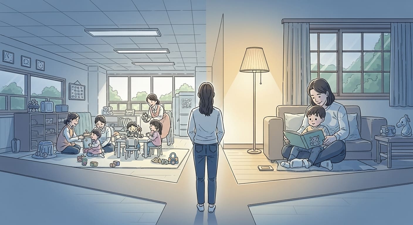 아이의 성장을 위한 최적의 보육 환경 선택: 어린이집과 가정 보육의 장단점을 비교하며 고민하는 부모의 모습.