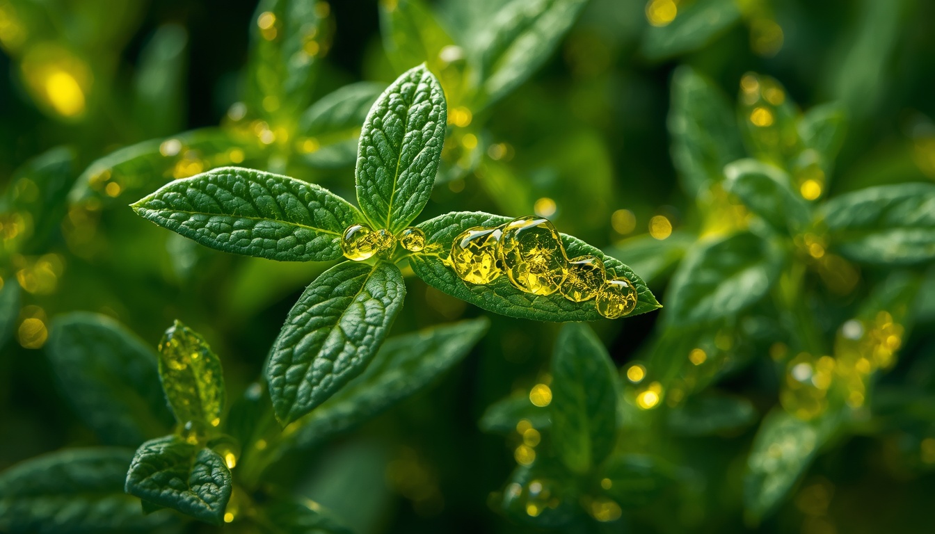 Fresh Artemisia annua foliage intertwined with golden lipid droplets symbolizing bio-synergy