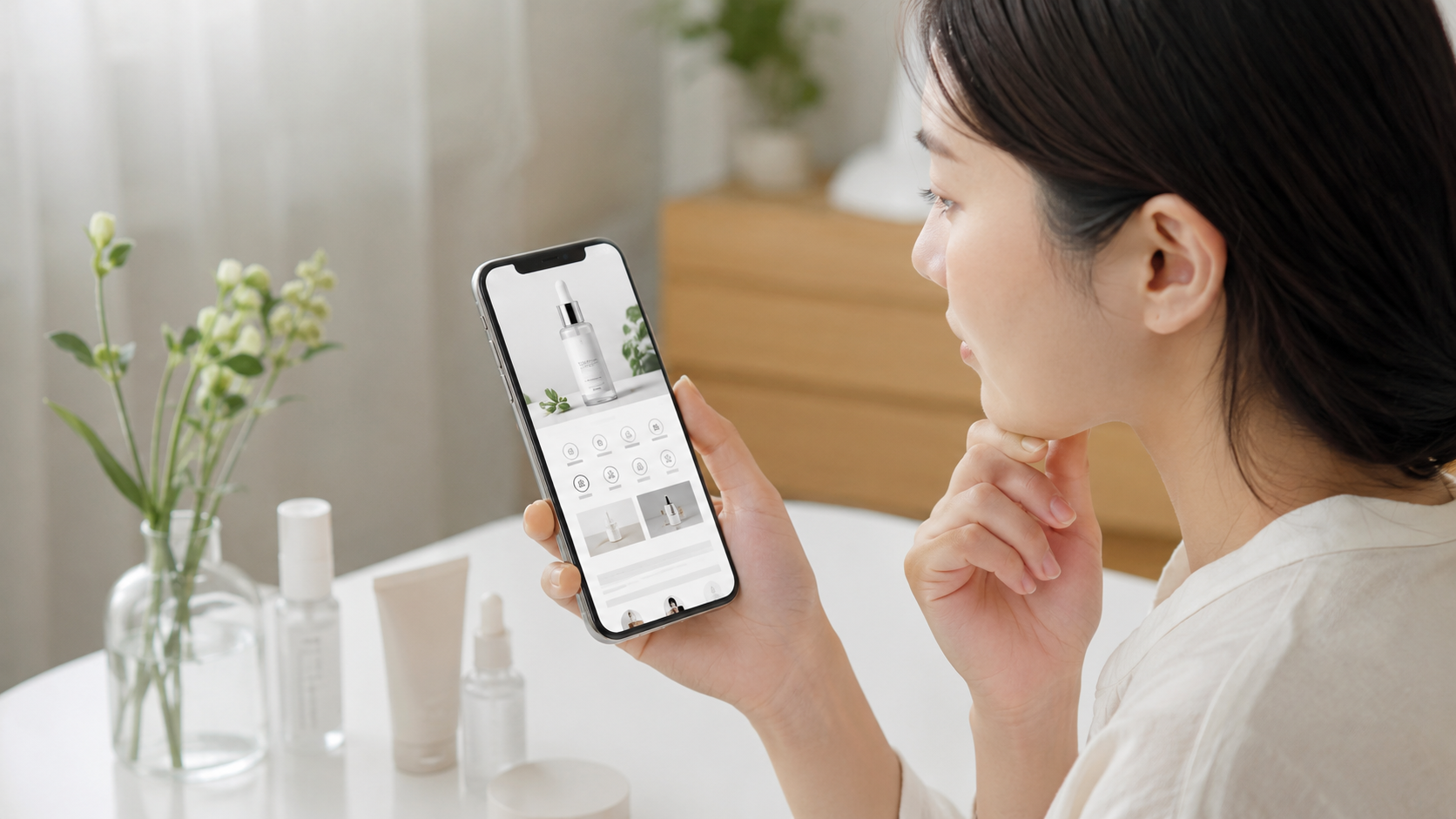 A customer checking skin concerns and product suitability on a product page