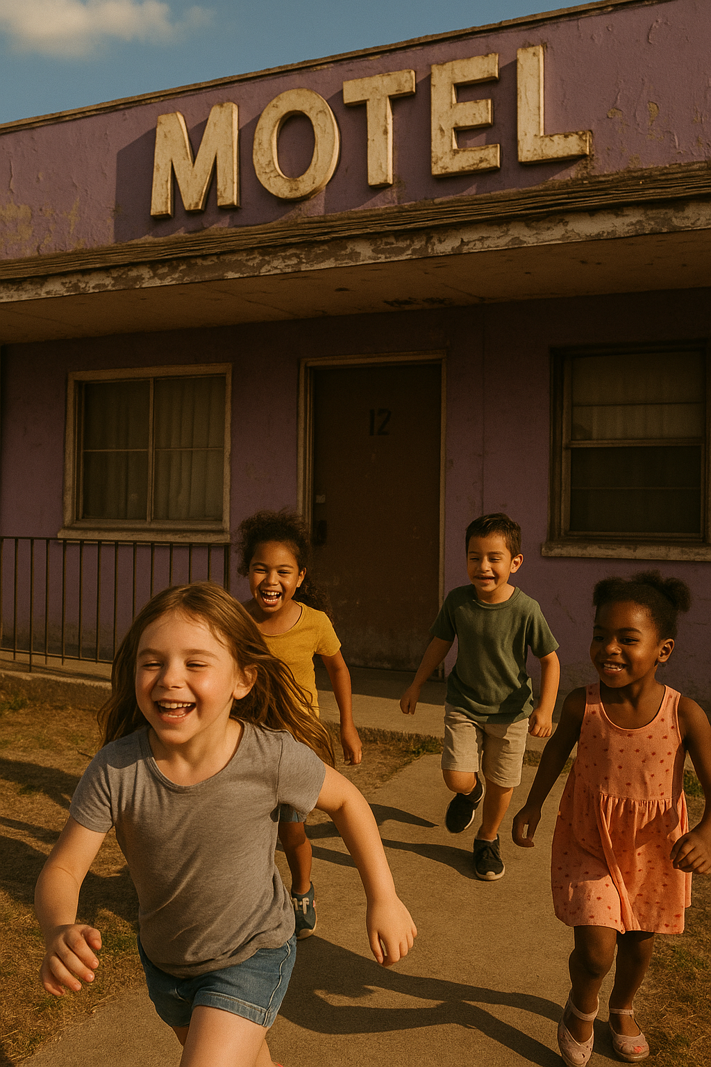 낡은 모텔 앞에서 뛰어노는 어린 소녀와 친구들 이미지