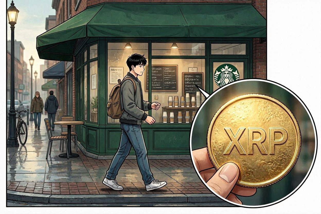 A picture depicting a young investor saving money on coffee to accumulate XRP.