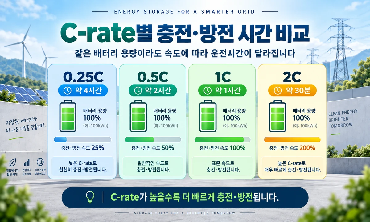 동일한 배터리 용량에서 0.25C 0.5C 1C 2C에 따른 충전 방전 시간 차이 비교