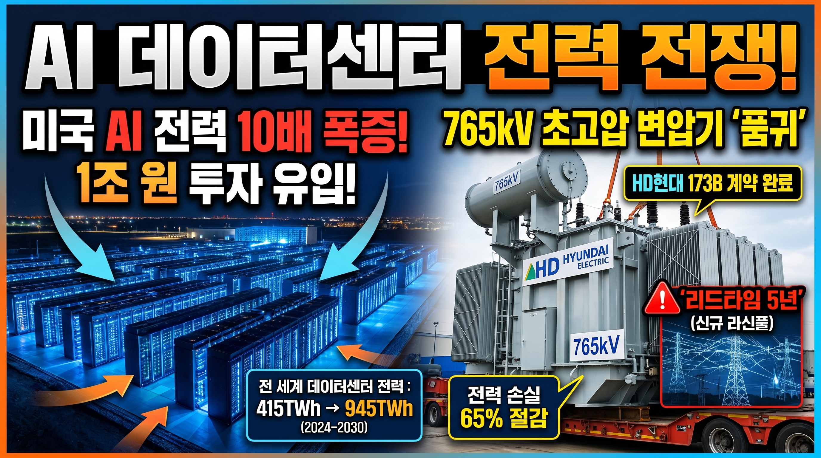 AI 데이터센터 전력 인프라 1조 시대: 미국 전력 수요 10배 폭증, 765kV 초고압 변압기 1,730억 수주(HD현대), 신규 송전선로 5년 리드타임, 전력 손실 65% 절감. 북미 전력 인프라 혁명