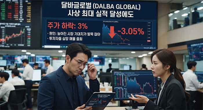 사상 최대 실적에도 불구하고 높아진 기대치로 인해 주가가 3% 하락한 상황을 나타내는 증권가 배경의 이미지.