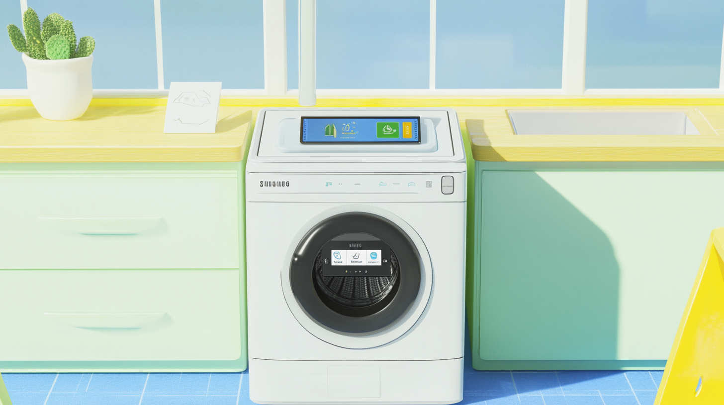 스마트폰 앱을 통해 제어되는 삼성 세탁기를 보여주는 미래적인 이미지로, 스마트 홈 통합 기능을 강조하는 모습.