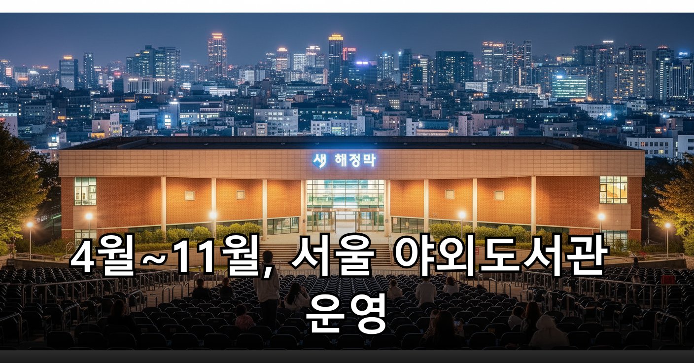 서울 도심의 야경을 배경으로 한 야외도서관 풍경