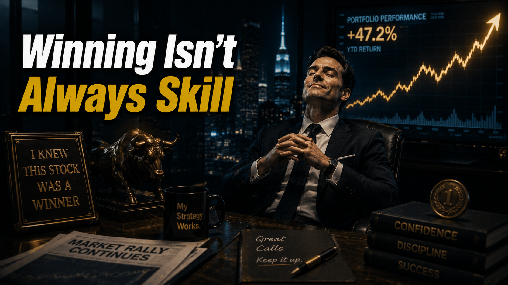Confident investor celebrating strong portfolio returns while mistaking a bull market for personal investing skill.