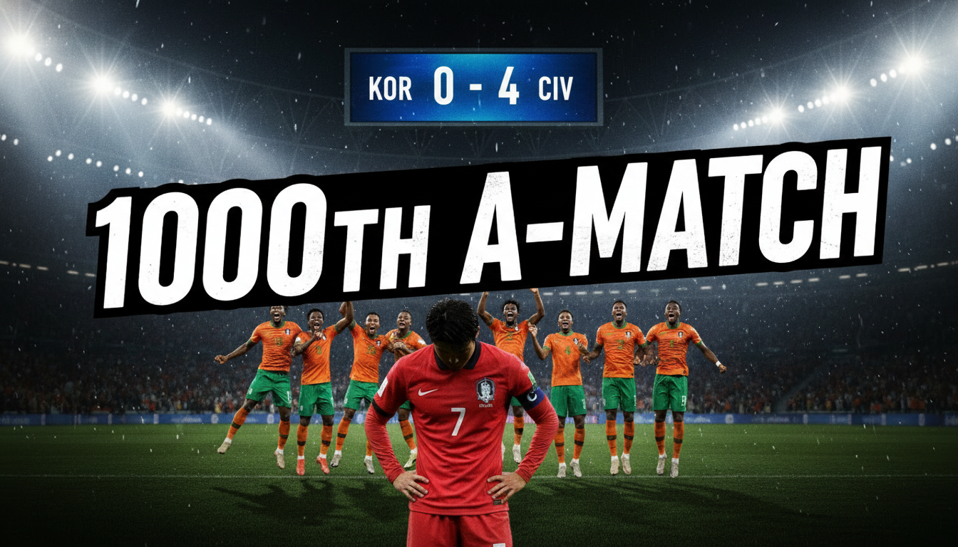 상암 월드컵 경기장에서 벌어진 한국 대표팀의 1000번째 A매치 코트디부아르전 0-4 패배를 알리는 스코어보드와 좌절하는 선수들의 모습