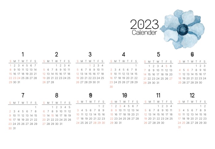 2023년 전체 달력 파란꽃 단아한 이미지