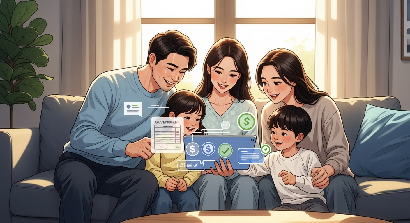 2025년 11월과 12월, 정부 지원금 혜택을 스마트폰으로 확인하며 따뜻하고 행복해하는 한국인 가족의 모습
