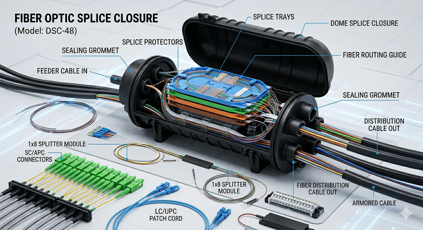 빛샘전자의 핵심 기술인 광케이블 접속함체(Fiber Optic Splice Closure) 내부 구조와 SC/APC 광커넥터, 스플리터 모듈 등 초고속 정보통신망 구축에 필수적인 광통신 부품 상세 일러스트