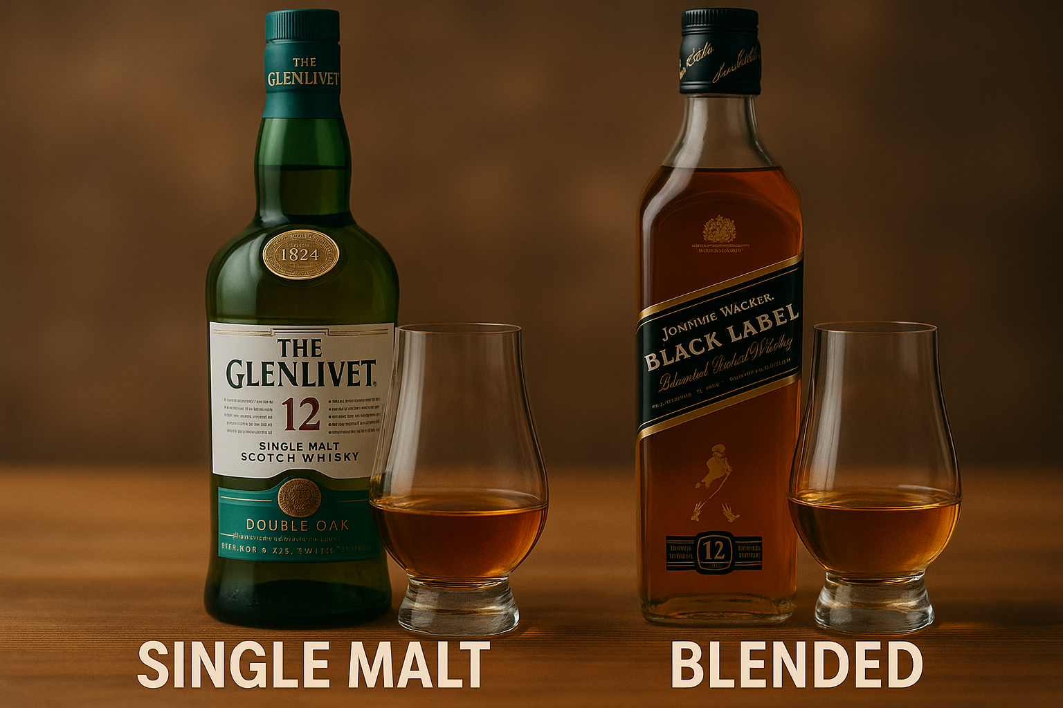글렌리벳 싱글몰트 위스키와 조니워커 블랙라벨 블렌디드 위스키 병이 각각 글렌케언 잔 뒤에 놓인 비교 이미지