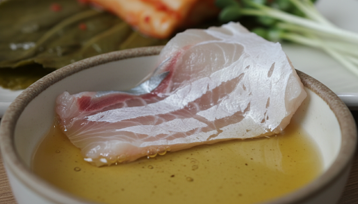 기름장에 살짝 찍은 고소하고 쫄깃한 식감의 대방어 배꼽살 확대 샷