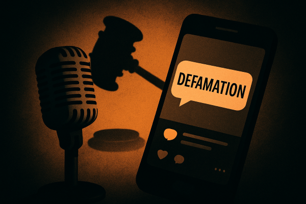 스마트폰 화면에서 퍼져나가는 말풍선과 법정 망치 그림자가 겹쳐진 이미지. 댓글이 법적 파장을 일으키는 상황을 상징적으로 표현.