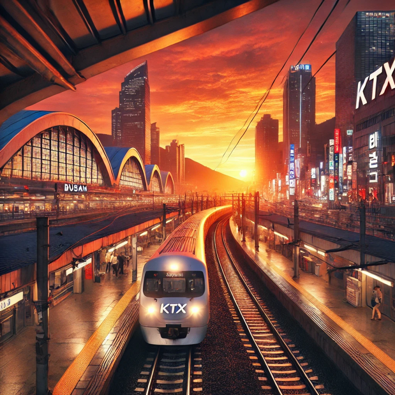 부산역에 도착하는 KTX 열차와 노을 속의 도시 풍경