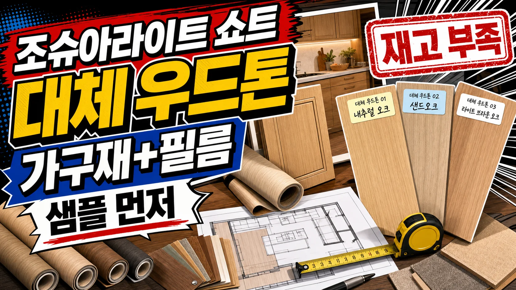 조슈아라이트 재고 쇼트 상황에서 가구재와 필름 대체 우드톤 샘플을 비교하는 인테리어 썸네일