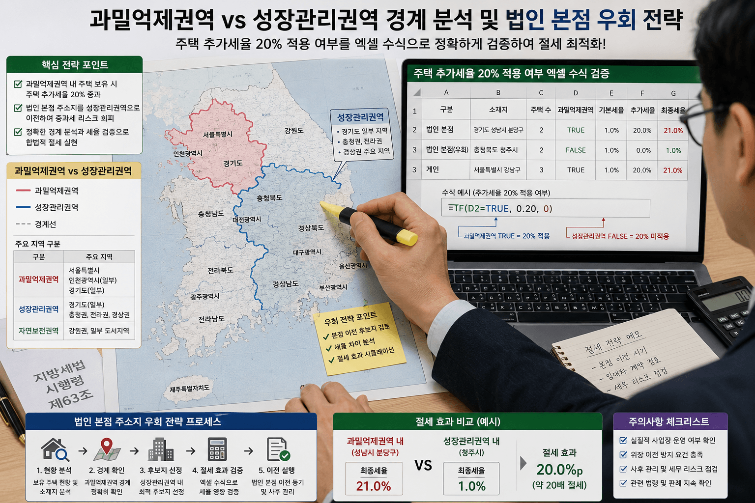 대한민국 지도 위에서 과밀억제권역과 성장관리권역의 경계선을 형광펜으로 체크해가며 법인 본점 주소지 우회 전략을 짜고 주택 추가세율 20% 적용 여부를 엑셀 수식으로 검증하고 있는 세무 회계사의 모습