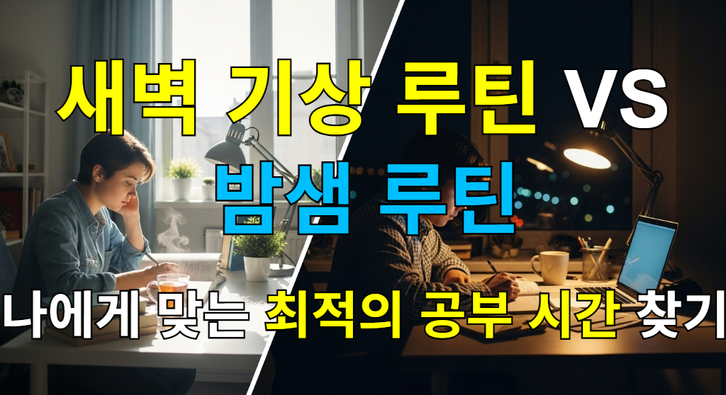 새벽과 밤으로 나뉜 이미지. 왼쪽은 햇살이 비치는 아침 책상에서 공부하는 모습, 오른쪽은 램프 불빛 아래 밤에 집중하는 모습으로, 개인별 최적의 공부 시간을 상징.