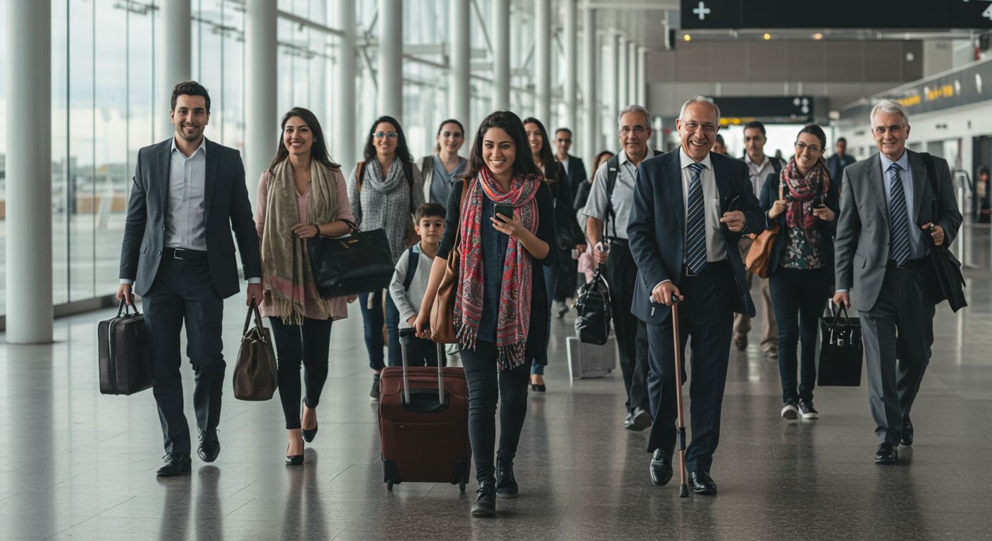 공항에서 입국하는 사람들의 모습