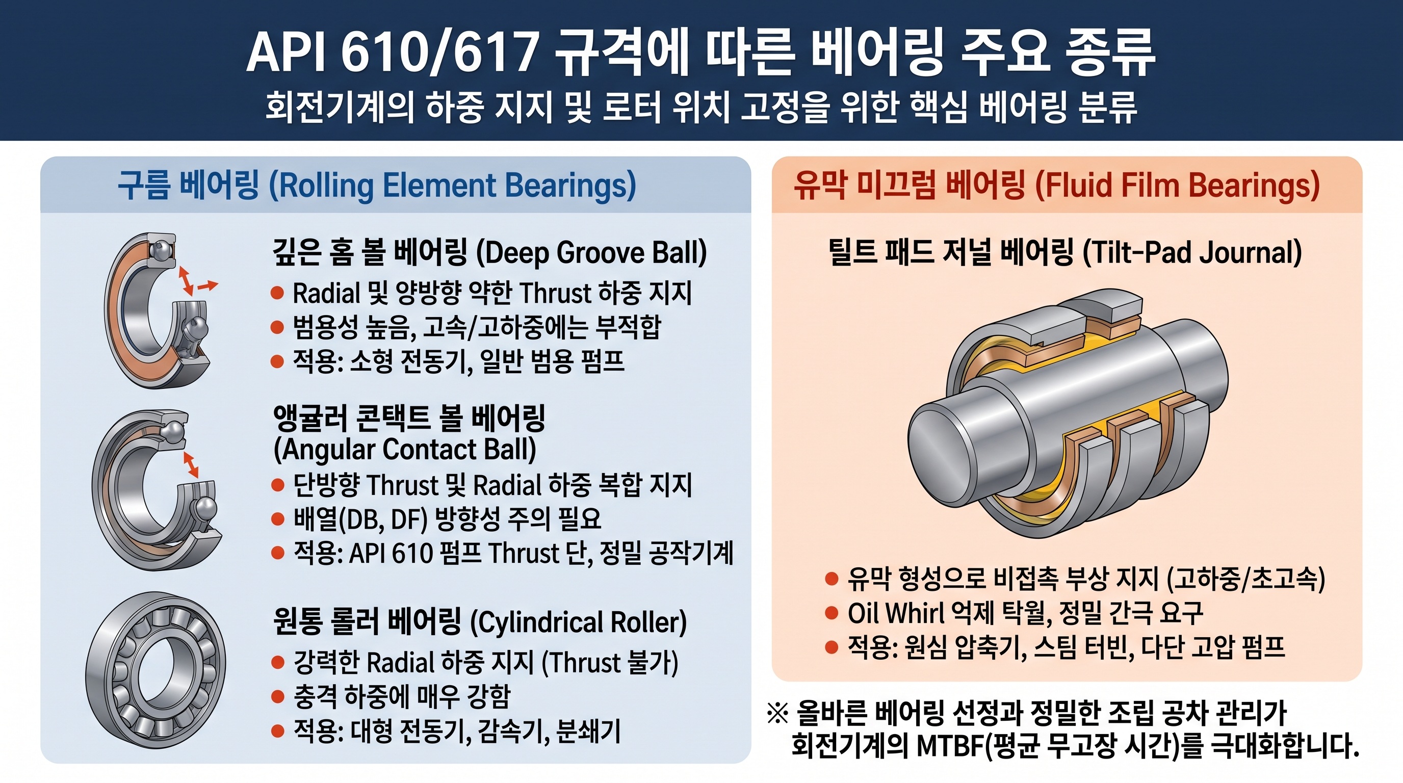 API 610 및 617 규격에 따른 회전기계 베어링 주요 종류 인포그래픽.

왼쪽 [구름 베어링 (Rolling Element Bearings)]:
- 깊은 홈 볼 베어링 (Deep Groove Ball): Radial 및 양방향 약한 Thrust 하중 지지. 범용성이 높으나 고속/고하중에는 부적합. 적용: 소형 전동기, 일반 범용 펌프 (단면도 포함)
- 앵귤러 콘택트 볼 베어링 (Angular Contact Ball): 단방향 Thrust 및 Radial 하중 복합 지지. 배열(DB, DF) 방향성 주의 필요. 적용: API 610 펌프 Thrust 단, 정밀 공작기계 (단면도 포함)
- 원통 롤러 베어링 (Cylindrical Roller): 강력한 Radial 하중 지지 (Thrust 불가). 충격 하중에 매우 강함. 적용: 대형 전동기, 감속기, 분쇄기 (단면도 포함)

오른쪽 [유막 미끄럼 베어링 (Fluid Film Bearings)]:
- 틸트 패드 저널 베어링 (Tilt-Pad Journal): 유막 형성으로 비접촉 부상 지지 (고하중/초고속). Oil Whirl 억제 탁월, 정밀 간극 요구. 적용: 원심 압축기, 스팀 터빈, 다단 고압 펌프 (3D 입체도 포함)

하단 문구: "※ 올바른 베어링 선정과 정밀한 조립 공차 관리가 회전기계의 MTBF(평균 무고장 시간)를 극대화합니다."