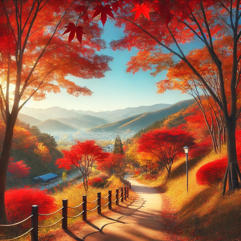 대전의 가을 단풍 명소에서 붉고 노란 단풍이 아름답게 물든 나무들과 평화로운 산책로가 보이는 풍경