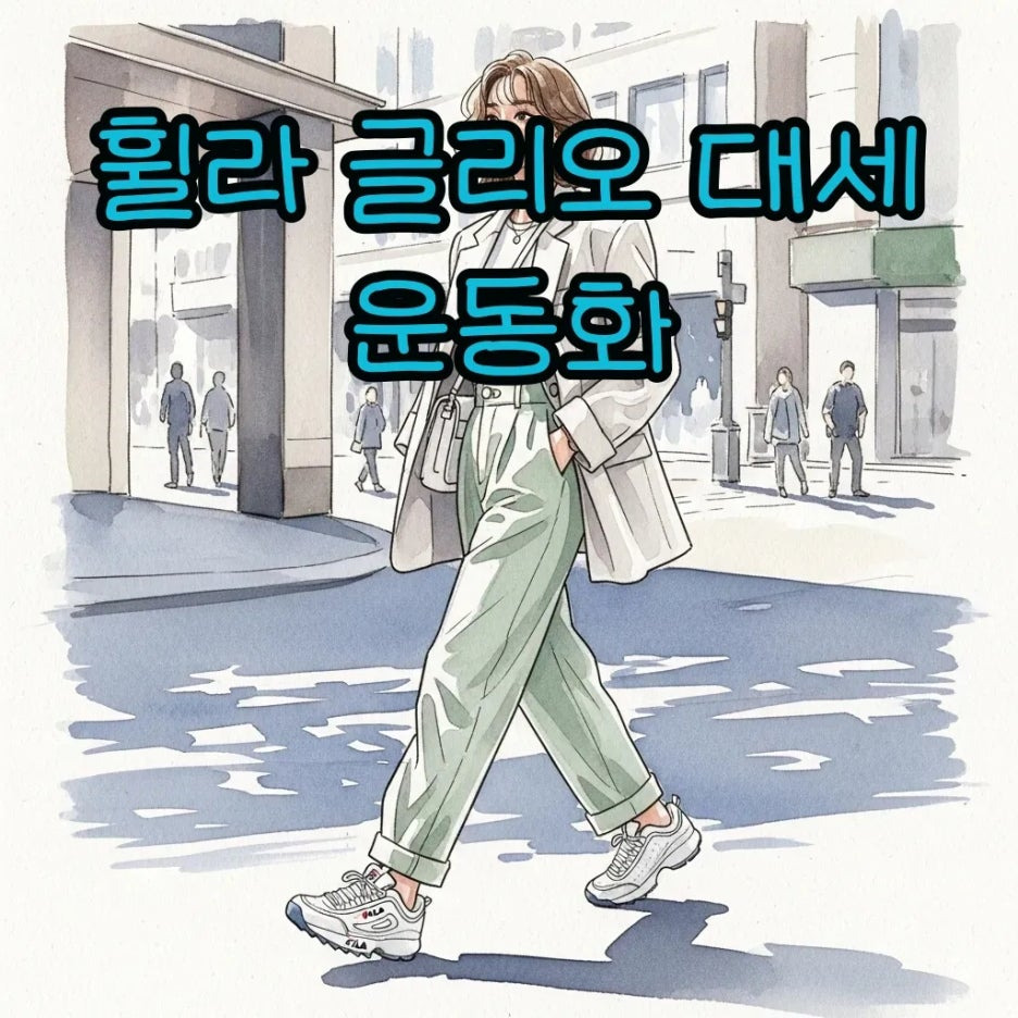 휠라 글리오를 신은 여성이 거리를 걷는 모습