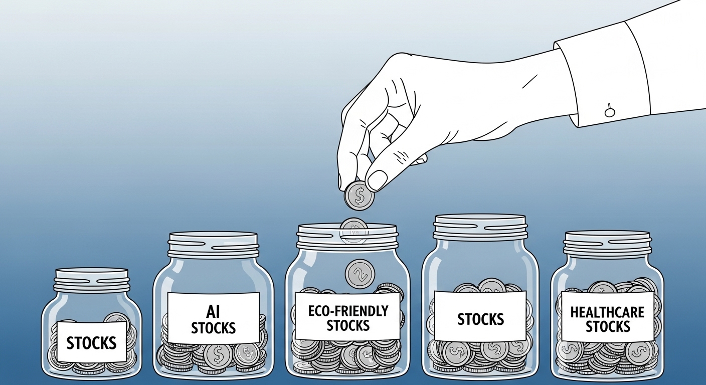 소액 분산 투자를 상징하는 이미지. 여러 개의 병에 나누어 저축되는 동전들이 주린이의 신중한 투자 원칙을 보여준다.