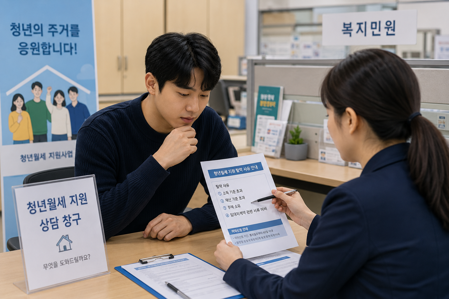 주민센터 상담실에서 탈락 사유를 문의하는 청년