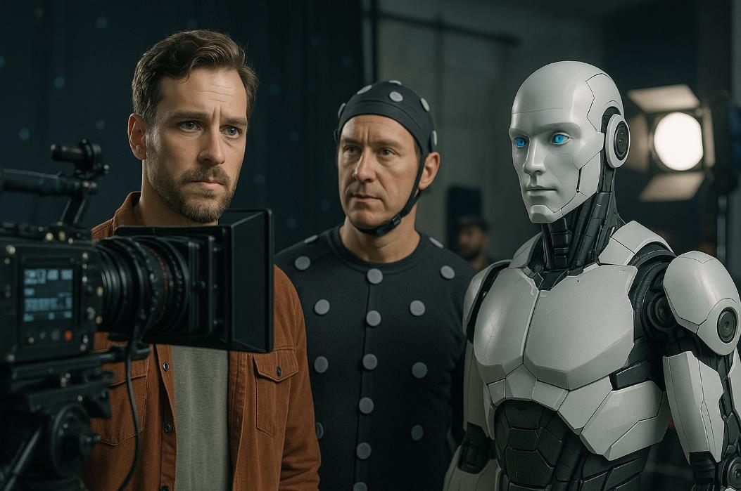 영화 촬영 현장에서 배우, 모션 캡처 배우, 그리고 가상 캐릭터 역할의 로봇이 함께 있는 모습