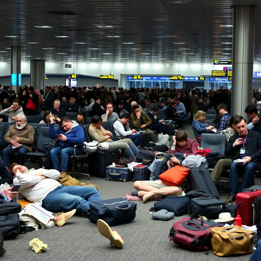 공항 의자나 심지어 바닥에 앉거나 누워서 피로를 호소하는 승객들이 보입니다. 캐리어와 짐이 주변에 널려 있고&amp;#44; 다들 스마트폰을 들여다보거나 서로 이야기하며 지친 기색을 보이는 장면을 담아주세요. 