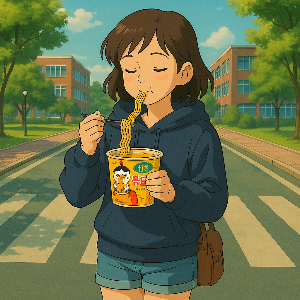 "불닭볶음면을 들고 천천히 횡단보도를 걷는 후드티 여대생"
(우아함 + 이질감 + CF 같은 분위기 )