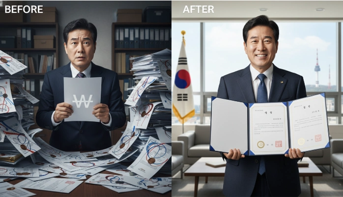 베트남 노동허가증 서류 준비로 혼란스러워하던 한국인 남성이 깔끔하게 정리된 서류를 들고 만족하는 모습의 분할 화면 비교 이미지.