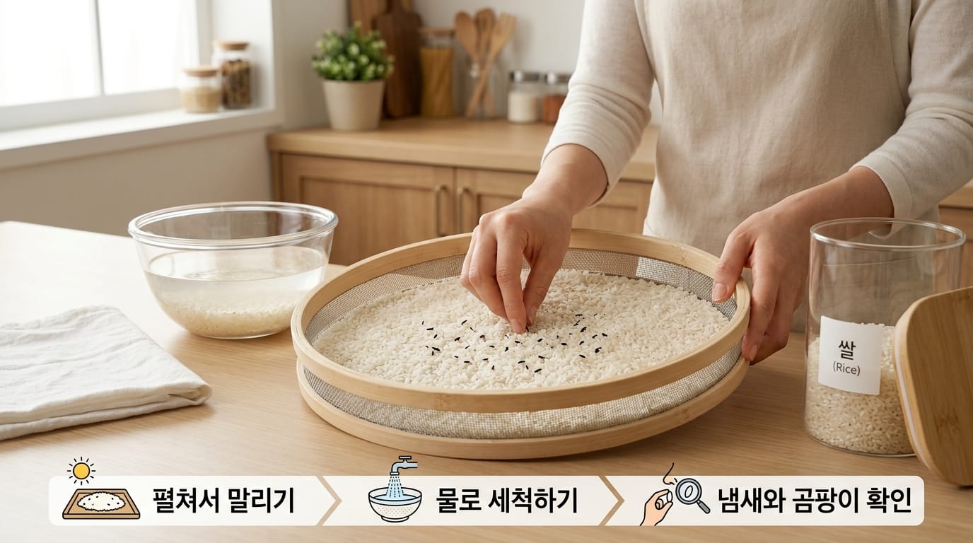 채반에 펼친 쌀에서 쌀벌레와 이물질을 확인하는 장면
