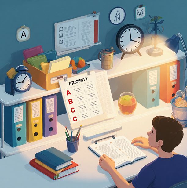 책상에서 여러 프로젝트를 체계적으로 관리하고 있는 모습