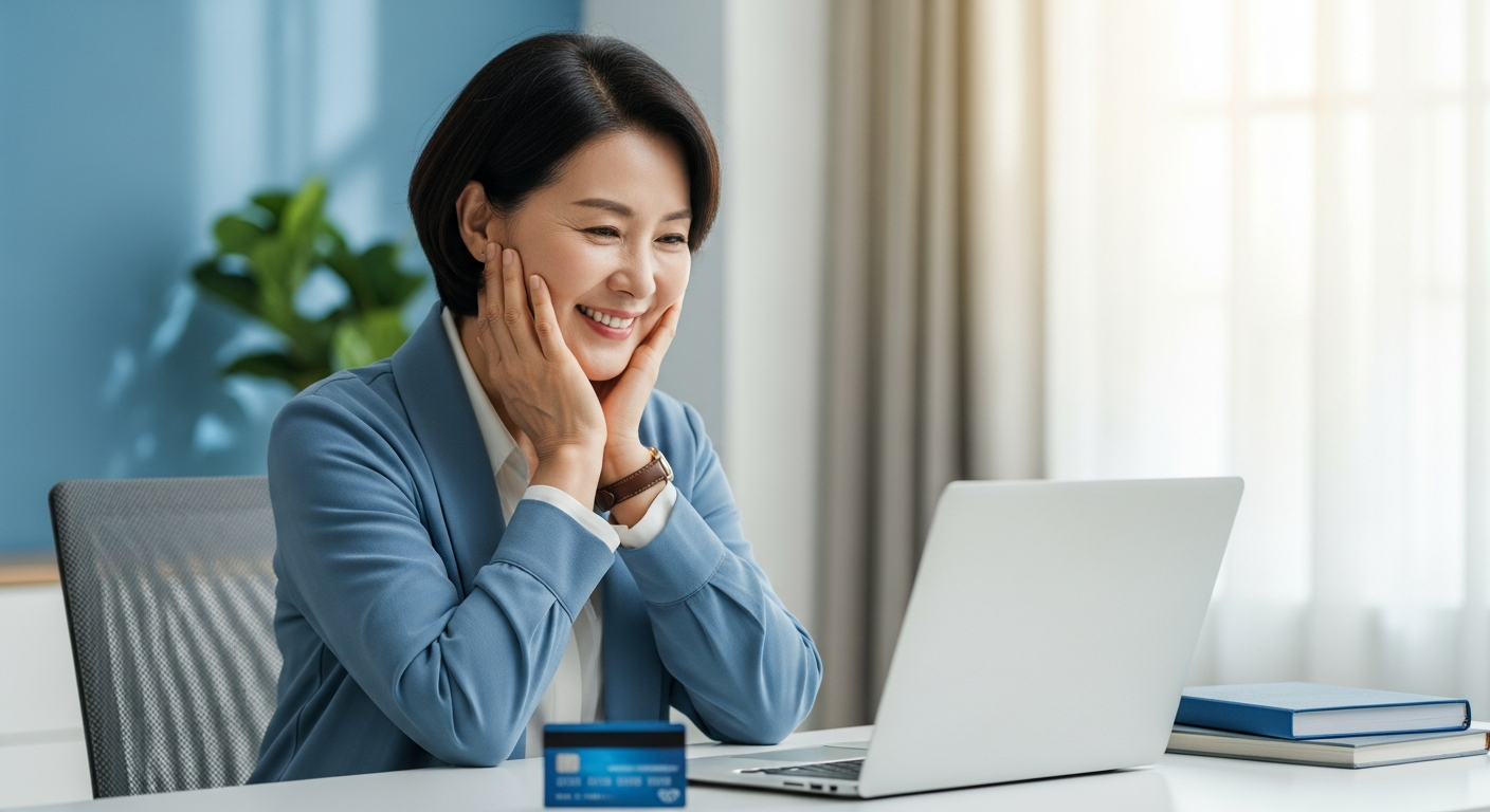 은퇴 후 생활비를 절약하는 현명한 방법을 고민하는 중년 부부가 현대카드 캐시백 이벤트 안내문을 보고 미소짓는 모습.