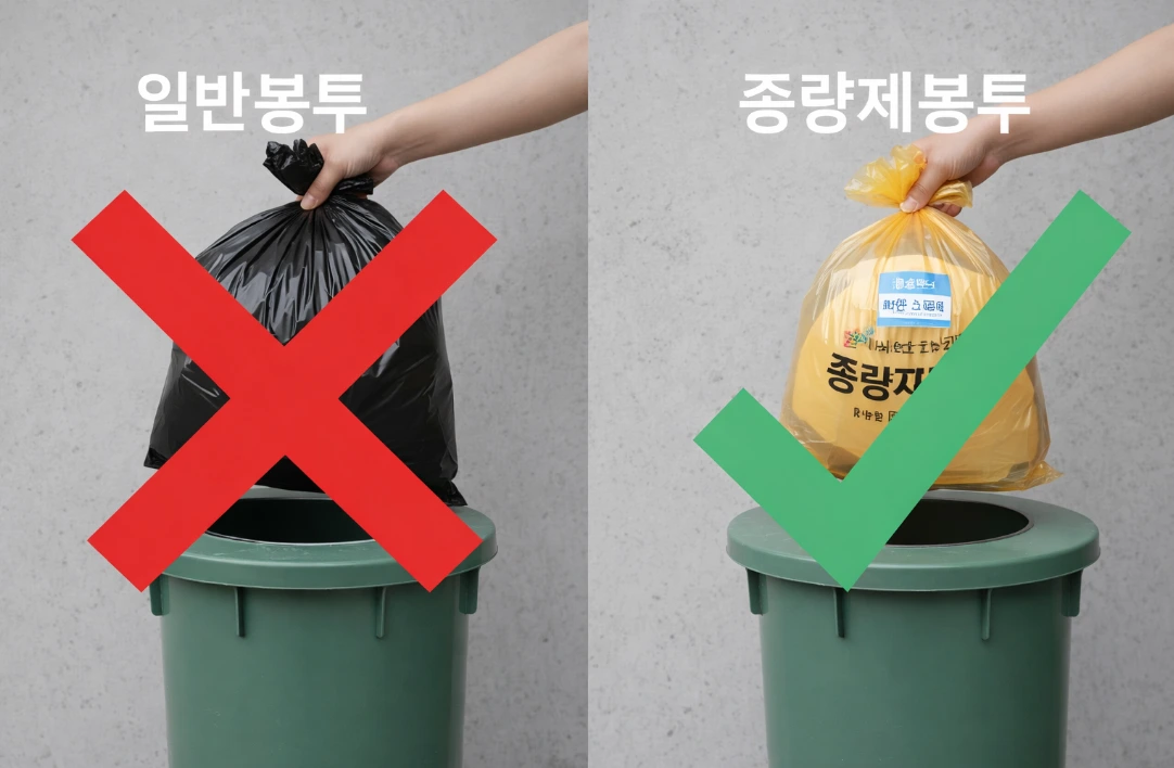 타 지역 종량제봉투 사용 금지와 전입 스티커를 부착한 올바른 봉투 사용법을 비교하여 보여주는 그림.