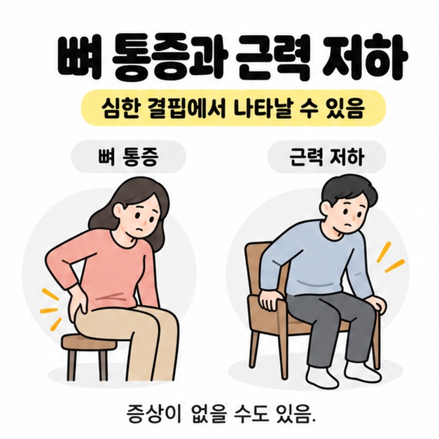 골반 부근을 짚는 사람과 의자에서 일어나려는 사람으로 뼈 통증과 근력 저하를 나타내고 증상이 없을 수도 있음을 안내한 그림