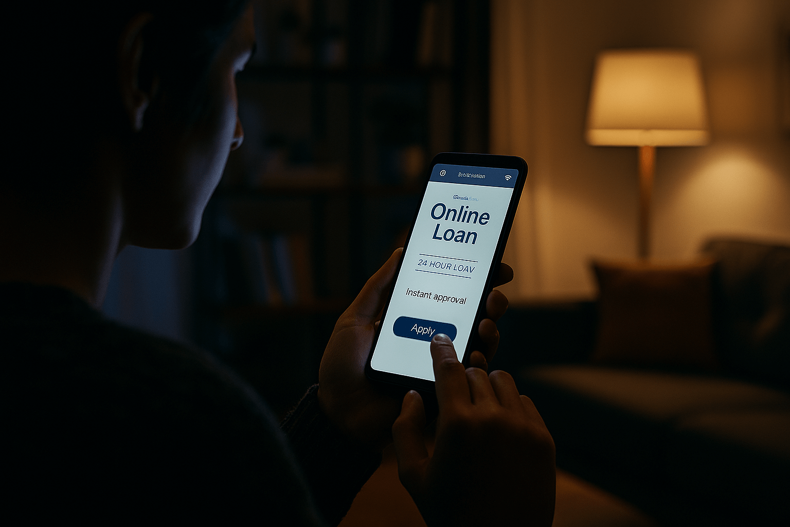 A person applying for a 24-hour online loan on a smartphone at night, representing instant approval and mobile fintech services.