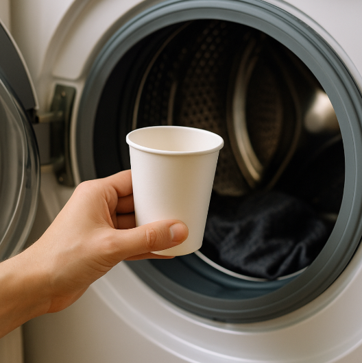 종이컵 하나로 세탁기 냄새 없애는 모습