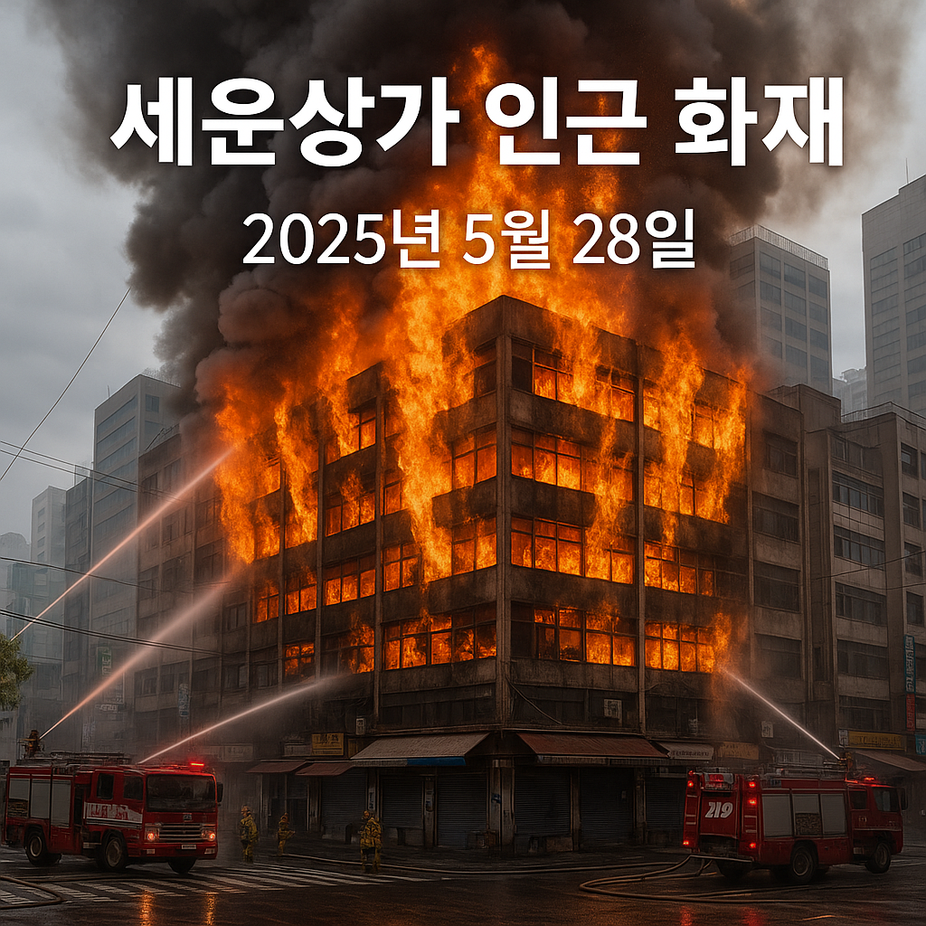 2025년 5월 28일, 세운상가 인근 노후 상가에서 발생한 대형 화재 현장. 건물 외벽에 불길이 번지고 있으며 소방차와 대원들이 진압에 나서고 있다