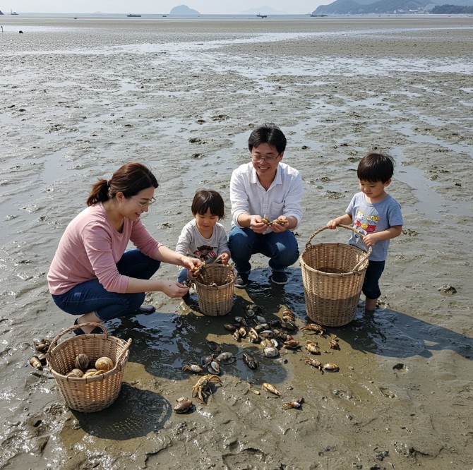 가족들이 행복하게 해루질하는 모습의 이미지