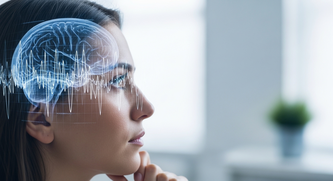 두뇌 및 신경 균형 검사를 받고 있는 사람의 모습. 뇌 기능을 객관적으로 측정하는 현대적 의료 기술을 나타냅니다.