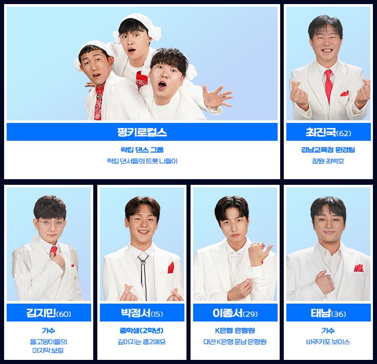 미스터트롯3 참가자 펑키로컬스, 최진국, 김지민, 박정서, 이종서, 태남의 사진과 직업 및 특징이 적혀있다.