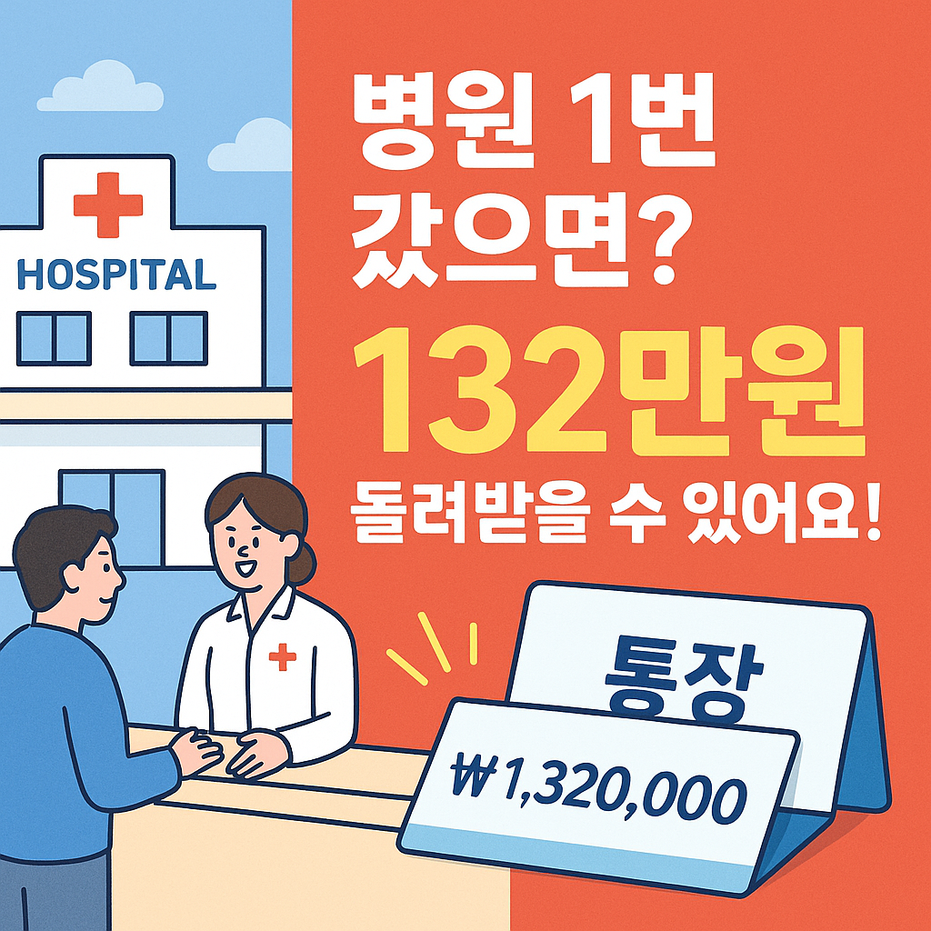 132만원 건강보험 환급금 혜택 안내 이미지, 병원과 환급 메시지 포함