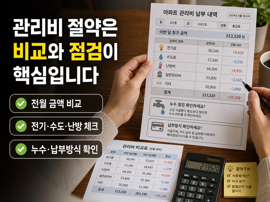 전월 관리비 비교, 전기&middot;수도&middot;난방 사용량 점검, 누수와 납부방식 확인을 통해 관리비를 줄이는 실전 방법을 설명하는 이미지입니다.