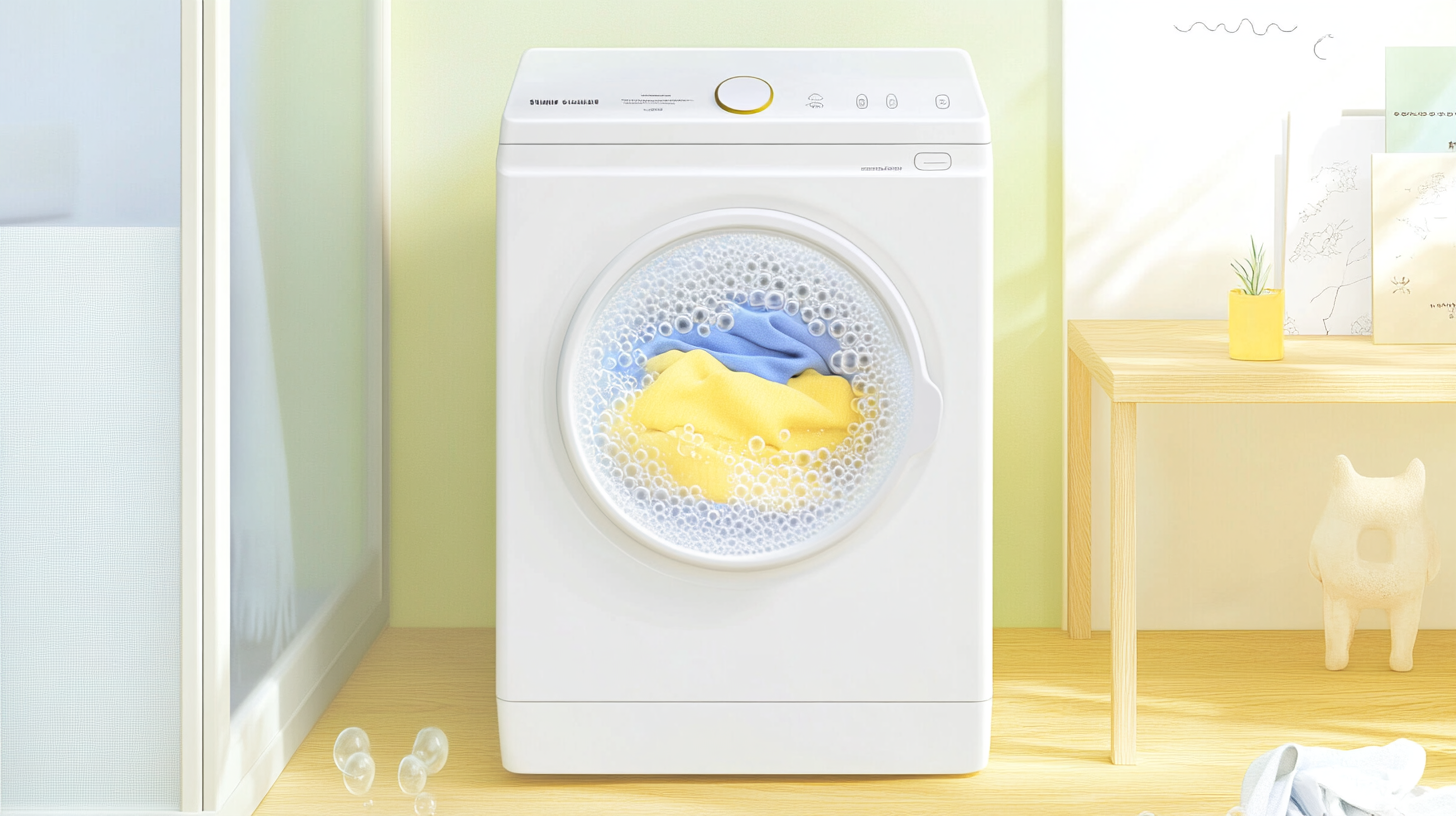 삼성 세탁기의 에코버블 기술을 예술적으로 표현한 이미지로, 옷을 부드럽게 감싸 효율적인 세척을 강조하며 에너지 절약 가능성을 보여줍니다.