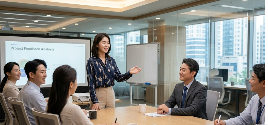 회의실에서 실습생이 발표하는 모습을 흐뭇하게 바라보는 상사