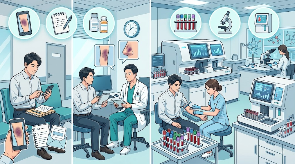 환자가 미리 준비한 출혈 기록과 약물 정보를 바탕으로 의사 상담을 거쳐 CBC, 응고검사 등 체계적인 혈액검사로 이어지는 전체 과정을 표현한 인포그래픽