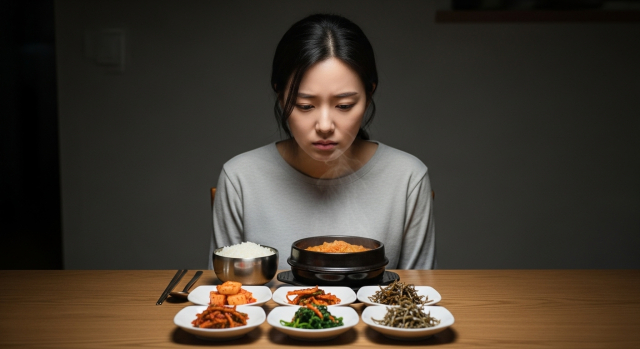 복부 팽만으로 불편해하는 여성