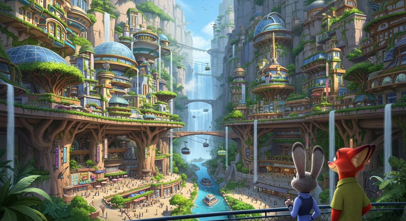 다양한 동물을 위한 독특한 건축물로 가득 찬, 새롭게 확장된 주토피아 도시의 전경. 주디와 닉이 멀리서 새로운 환경을 탐험하는 모습이 호기심을 자극한다.